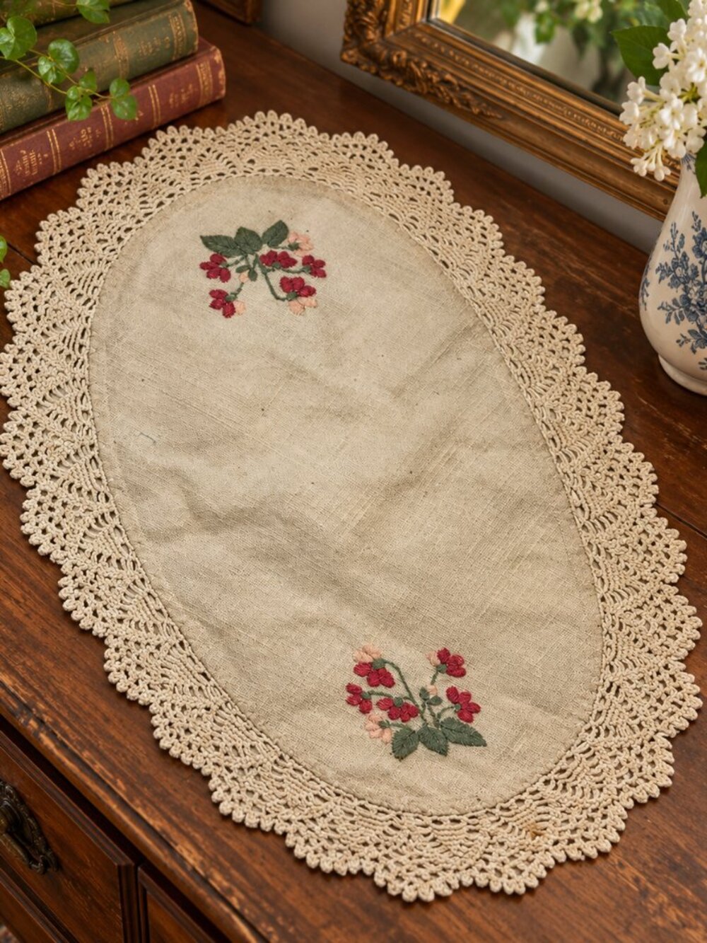 Handmade Vintage Linen Doily Oval Floral Embroidery Crocheted Lace Cottagecore
